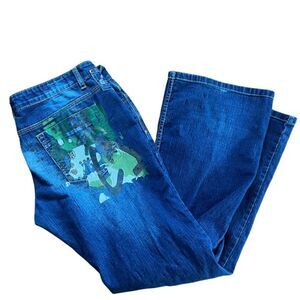 Vintage Crest Wide Leg Flared Denim Graphic Blue Jeans Size 16